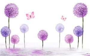 پوستر دیواری قاصدک‌های بنفش و پروانه‌های صورتی با استایل فانتزی مناسب برای اتاق خواب نوزاد و مهدکودک