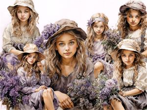 تصویر هنری گروهی از دختران با کلاه و گل‌های بنفش سبک کلاسیک برای تابلوهای تزئینی و دکوراسیون ویلا