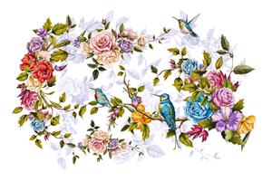 پوستر دیواری گل و مرغ مینیاتوری با رنگبندی شاد مناسب برای دکوراسیون سنتی، اتاق نشیمن و چاپ پرده