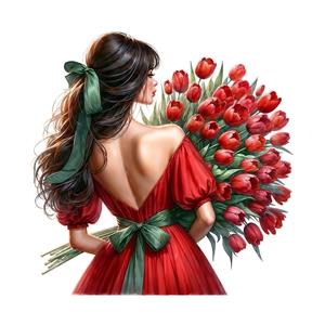 طرح گرافیکی ولنتاین دختر با پیراهن قرمز و دسته گل لاله ویژه پوستر دیواری سالن‌های زیبایی و مزون‌های لوکس