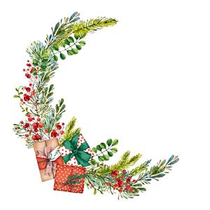 طرح آبرنگی حلقه گل کریسمس و هدیه مناسب برای طراحی کارت تبریک، چاپ روی کوسن و پوسترهای مناسبتی