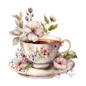 طرح آبرنگی فنجان چای و گل‌های بهاری مناسب برای تابلو دکوراتیو آشپزخانه، کافه و چاپ روی ماگ و دفترچه