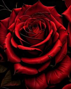 تصویر نمای نزدیک (ماکرو) از گل رز قرمز مخملی با سایه‌های تیره مناسب برای پوستر دیواری‌های خاص و رمانتیک