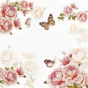 طرح ملایم شکوفه‌های رز سفید و صورتی با پروانه‌های معلق ویژه چاپ روی پرده، روتختی و کاغذ دیواری سالن پذیرایی