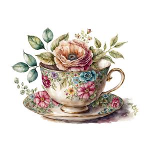 طرح آبرنگی فنجان چای و گل‌های بهاری برای چاپ روی دفترچه، فولدر و وسایل تزئینی کافه و آشپزخانه