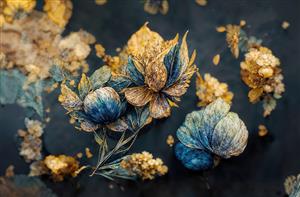 کاغذ دیواری طرح گل‌های انتزاعی با تناژ آبی و طلایی تیره مناسب برای دیوارهای کنفرانس روم و دفاتر اداری مدرن