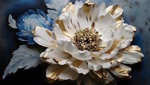 پوستر دیواری سه بعدی گل پیونی سفید و طلایی لوکس با پس‌زمینه سرمه‌ای مناسب برای پشت تلویزیون و لابی هتل