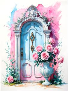 تصویر هنری درب چوبی کلاسیک با گلدان رز بزرگ برای پوستر دیواری ورودی منزل، راهرو و فضاهای لوکس