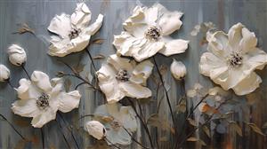 پوستر دیواری سه بعدی با طرح گل‌های برجسته سفید و رنگ‌روغن روی پس‌زمینه طوسی تیره برای لابی هتل و پذیرایی