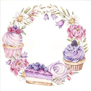 پوستر دیواری دایره‌ای با طرح کاپ‌کیک، تمشک و گل‌های بهاری ویژه تزیین دیوار قنادی، کافه و اتاق کودک