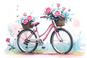 تصویر آبرنگی دوچرخه صورتی با سبد گل‌های رز برای پوستر دیواری اتاق خواب دخترانه و دکوراسیون فضاهای هنری
