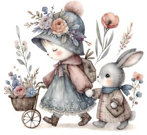 تصویرسازی آبرنگی دخترک و خرگوش در حال پیاده‌روی مناسب پوستر دیواری اتاق کودک، مهدکودک و روتختی نوزاد
