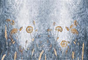 طرح پتینه با گل‌های قاصدک طلایی و گندم‌زار در پس‌زمینه طوسی آبی ویژه پوستر دیواری پذیرایی و پشت میز کنسول