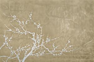 طرح مینیمال شاخه های سپید پوش با شکوفه های ریز روی زمینه طلایی مات ویژه پوستر دیواری اتاق کار و فضاهای اداری مدرن