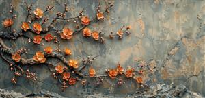 پوستر دیواری با طرح شاخه شکوفه های نارنجی روی زمینه بتنی و روستیک ویژه کافی شاپ ها، رستوران ها و فضاهای دکوراسیون صنعتی