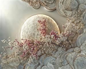 طرح شکوفه های گیلاس روی ابرها و ماه تابان سبک فانتزی و رویایی مناسب اتاق کودک، مهدکودک و دکوراسیون فانتزی اتاق خواب