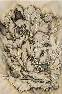 نقاشی گل صد تومانی با رگه های طلا و سنگ مرمر بژ برای پوستر دیواری پشت تختخواب، مزون ها و چاپ روی بوم دکوراتیو و کوسن