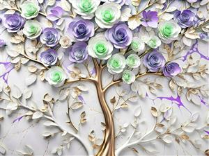 پوستر سه بعدی درخت با شکوفه های رز بنفش و سبز نعنایی روی سنگ مرمر مناسب اتاق خواب دخترانه و سالن های زیبایی و آرایشگاه ها