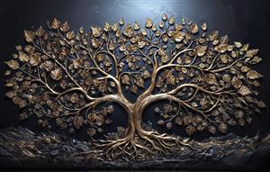 تابلو دکوراتیو و پوستر دیواری طرح درخت با برگ های طلایی برجسته روی زمینه مشکی زغالی ویژه دفتر مدیریت و سالن های کنفرانس لوکس