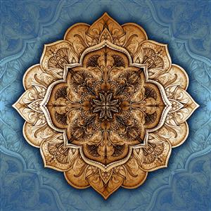 ماندالای سنتی و اسلیمی با رنگ قهوه ای و آبی طلایی برای پوستر دیواری سنتی و سقف کاذب سالن های پذیرایی و چاپ روی بشقاب دکوراتیو