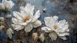 نقاشی رنگ روغن گل‌های پیونی کرم با پس‌زمینه انتزاعی تیره برای تابلو دکوراتیو پذیرایی و اتاق خواب