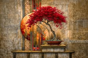 طرح بن‌سای قرمز مینیاتوری به سبک ژاپنی برای پوستر دیواری دکوراسیون داخلی رستوران و فضای مدیتیشن