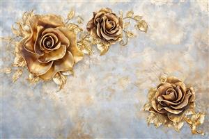 کاغذ دیواری سه بعدی طرح گل رز طلایی برجسته روی بافت سنگی پتینه کاری شده مخصوص لابی هتل