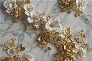 طرح شاخه‌های گل طلایی روی زمینه مرمر سفید با رگه‌های طوسی مناسب پوستر دیواری سالن زیبایی و مزون