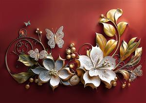 پوستر دیواری لاکچری طرح گل‌های جواهری و پروانه‌های طلایی روی زمینه زرشکی برای پشت میز مدیریت