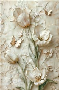 گچ‌بری عمودی طرح گل لاله و پروانه با بافت شنی ویژه پوستر دیواری سه بعدی راهرو و ستون ویلا