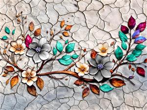 پوستر دیواری فانتزی طرح شاخه گل روی دیوار سنگی ترک‌خورده ویژه اتاق خواب بزرگسال و قاب دکوراتیو