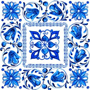 طرح کاشی سنتی آبی و سفید با نقوش اسلیمی برای چاپ روی بشقاب دیوارکوب رانر و کاشی تزیینی آشپزخانه