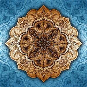 طرح اسلیمی و ماندالا با رنگ قهوه‌ای و پس‌زمینه آبی فیروزه‌ای ویژه چاپ کاغذ دیواری سه بعدی و تابلو دکوراتیو لابی