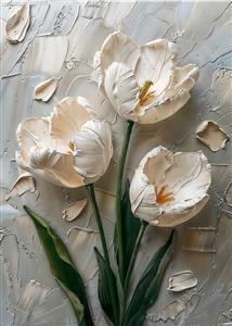 پوستر دیواری سه بعدی گل‌های لاله کرم با بافت کاردک نقاشی برای دکوراسیون ناهارخوری و پشت کاناپه و تولید تابلو فرش