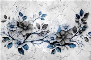 طرح مونوکروم گل‌های کلاسیک با طیف آبی تیره و خاکستری برای پوستر دیواری اتاق خواب و چاپ روی کلاسور و لوازم تحریر