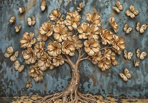 درخت شکوفه طلایی و پروانه‌ها روی دیوار پتینه فیروزه‌ای ویژه پوستر دیواری پذیرایی و پشت تختخواب و تولید روتختی دونفره