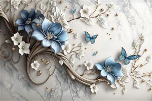 پوستر دیواری سه بعدی گل‌های آبی و پروانه‌های درخشان روی سنگ مرمر سفید مناسب برای اتاق کودک، مهدکودک و تزئینات تالار