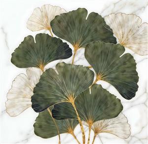 طرح مدرن برگ‌های گیاه جینکوبیلوبا سبز و طلایی روی پس‌زمینه مرمر برای پوستر دیواری اتاق نشیمن و چاپ روی بشقاب و ماگ