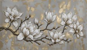 پوستر دیواری لاکچری گل‌های مگنولیا سفید و طلا با بافت برجسته مناسب برای پذیرایی و تالار مجالس و چاپ روی پرده و روتختی