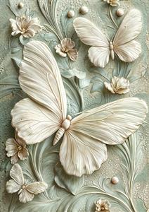 طرح دیوارپوش برجسته با نقش پروانه‌های بزرگ و شکوفه‌های بهاری ملایم برای پوستر دیواری کلینیک‌های زیبایی و لابی