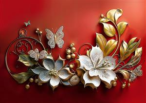 ترکیب هنری گل‌های متالیک و پروانه‌های نگین‌دار روی زمینه قرمز زرشکی برای پوستر دیواری تالار و رستوران‌های مجلل