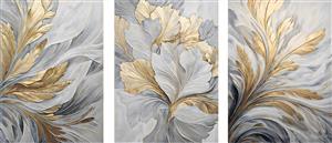 تابلوی دکوراتیو سه تکه با طرح برگ‌های پر مانند طلایی و خاکستری مناسب پوستر دیواری عریض هتل‌ها و فضاهای اداری