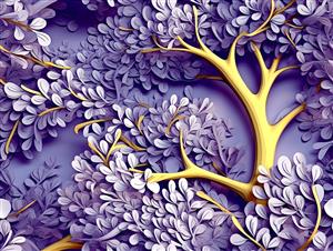 منظره فانتزی درختان بنفش با تنه‌های طلایی درخشان برای پوستر دیواری سه بعدی فضاهای تفریحی و اتاق کودک