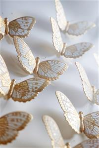والپیپر پروانه‌های توری طلایی و سفید با جزئیات ظریف مناسب برای پوستر دیواری اتاق خواب، پرده چاپی و کاور نوت‌بوک