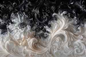 طرح کلاسیک سیاه و سفید با نقش گل‌های درشت برجسته ویژه پوستر دیواری لاکچری تالار پذیرایی و لابی مجتمع‌های مسکونی