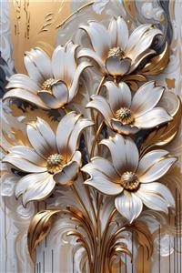 دسته گل فانتزی سفید و طلایی با خطوط انتزاعی مناسب پوستر دیواری عمودی سالن زیبایی و مزون‌های لوکس