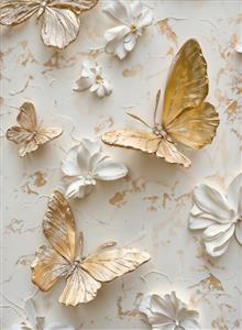 پوستر دیواری لوکس با طرح پروانه‌های طلایی برجسته روی زمینه مرمر کرم مناسب برای سالن آرایشگاه زنانه و دکوراسیون داخلی مدرن