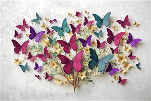 تصویر هنری پروانه‌های رنگارنگ و شکوفه‌های بهاری روی دیوار بتنی مناسب برای پوستر دیواری اتاق کودک و مهدکودک و چاپ روی دفترچه