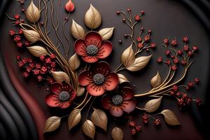 طرح برجسته گل‌های زرشکی و برگ‌های برنزی روی زمینه مشکی برای چاپ پوستر دیواری لوکس، قاب دکوراتیو و روتختی بزرگسال