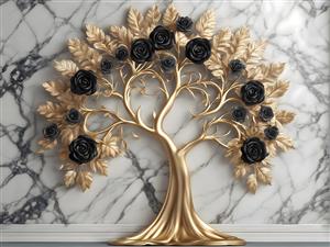 طرح هنری درخت با رزهای مشکی و برگ‌های طلایی روی پس‌زمینه مرمر مناسب دفتر کار و آرایشگاه زنانه